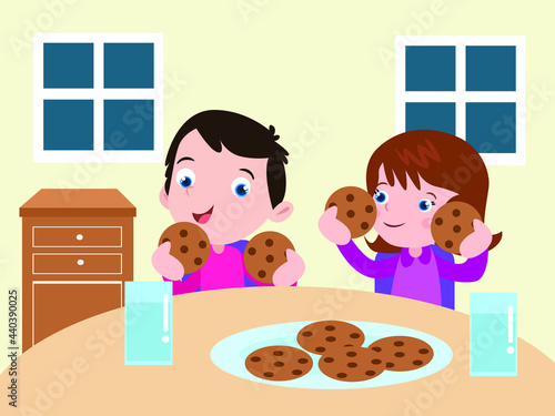 Childhood vector concept. Happy siblings eating cookies while sitting in dining room at home