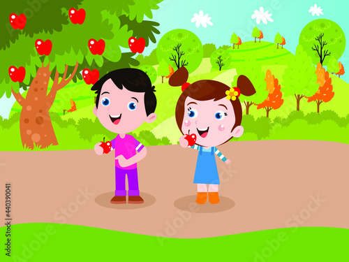 Childhood vector concept. Happy siblings eating red apple from the tree while standing at the park
