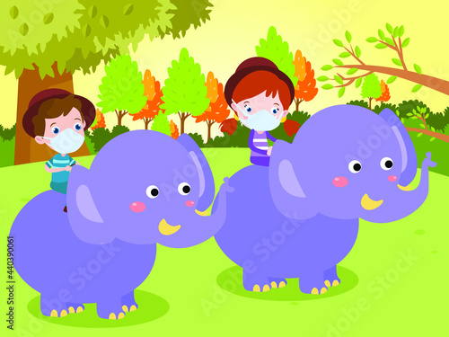 Holiday vector concept. Happy siblings wearing face mask while riding elephant during vacation in the zoo