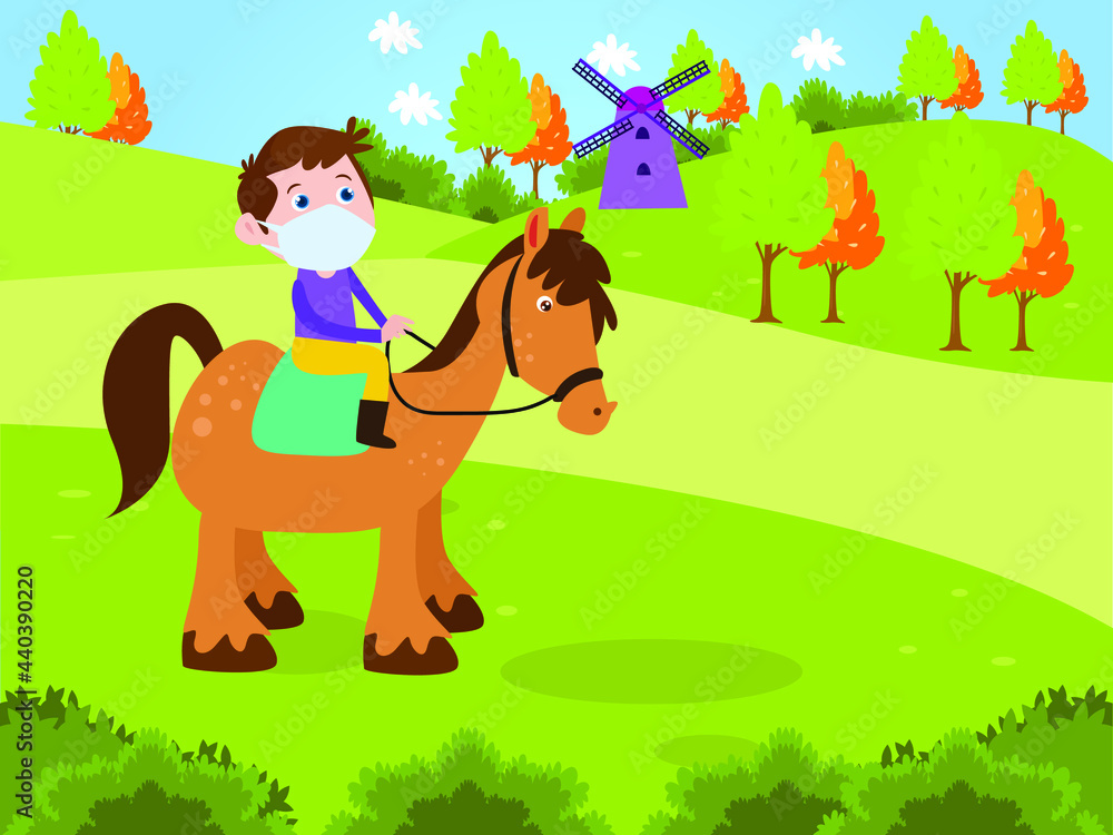 Holiday vector concept. Little boy wearing face mask while riding a horse in the farm Holiday vector concept. Little boy wearing face mask while riding a horse in the farm