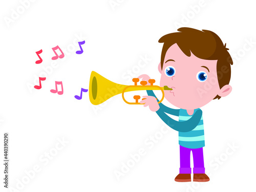 Musician vector concept. Little boy playing trombone while standing in the studio, isolated on white background