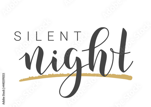 Vector Stock Illustration. Handwritten Lettering of Silent Night. Template for Banner, Postcard, Poster, Print, Sticker or Web Product. Objects Isolated on Black Chalkboard.