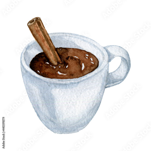 Hot chocolate drink with cinnamon watercolor clipart