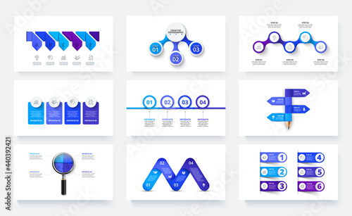 Nine slides with infographics elements for business presentation. Vector info graphic design templates. Concept with 3, 4, 5 and 6 options, parts or steps