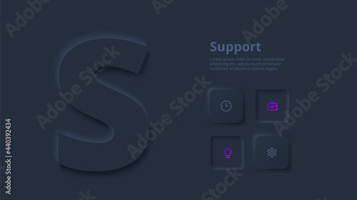 Vector dark neumorphic infographic. Presentation slide template. Business infographics concept with letter S and place for your text