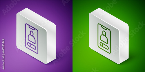 Isometric line Incoming call on mobile phone icon isolated on purple and green background. Friends call. Silver square button. Vector