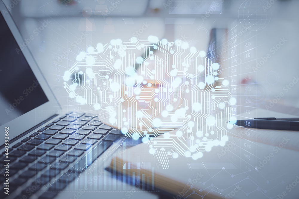 Double exposure of brain drawing and desktop with coffee and items on table background. Concept of research. Double exposure of brain drawing and desktop with coffee and items on table background. Concept of research.