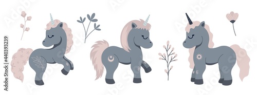 Baby milestone card with cute unicorn horse for newborn girl or boy. Floral clipart