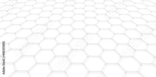 Background with 3D hexagons pattern, white honeycomb structure on black background, 3D technology interesting texture render illustration.