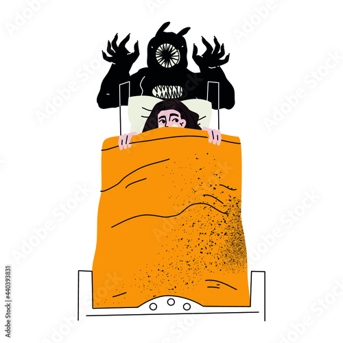 Girl is afraid of the dark, she is tormented by nightmares. The monster crawled out from under the bed. night terrors, paranormal phenomena, horror movies