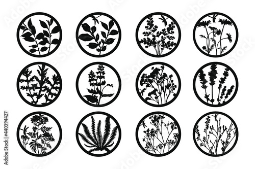 Template for impressing and cutting on cutting machines. Silhouettes of leaves, flowers and herbs in a round frame.