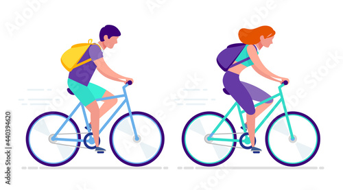 Young  boy and girl on bicycle ride - isolated vector illustration. Concept for summer fitness, Cycling trips and healthy active lifestyle. Happy Man and Woman in summer clothes drive Bicycle