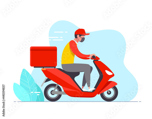 Delivery moto scooter, courier in respiratory mask. Online order and food or product express delivery home and office in quarantine COVID-19 in the city.  Vector illustration