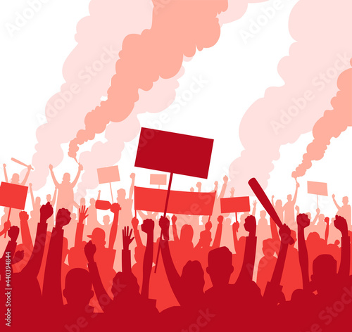 NO WAR. Protest and revolution red and white. Stop WAR. Riot crowd of people with banners and signs are protesting against, mass riots. Silhouette People with signs on protest. Vector illustration