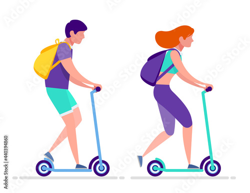 Young boy and girl rides a scooter - isolated vector illustration. Concept of healthy active lifestyle. Happy Man and Woman in summer clothes drive scooter. Summer city transport