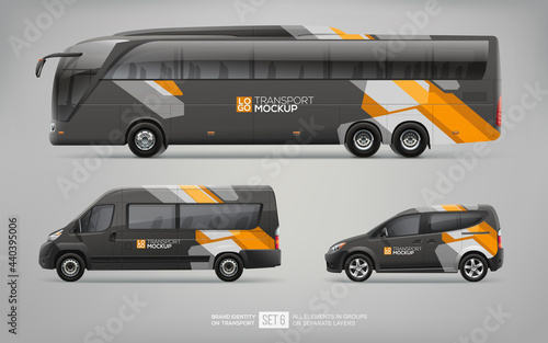 Fotografia Black Coach Bus, Passenger Van and Commercial Car isolated on grey Transport Mockup set