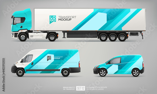 Branding Mockup Set of Truck Trailer, Cargo Van, Delivery Car vector template. Abstract blue and white stripes design for transport Brand identity and Advertising. Set of delivery service Transport