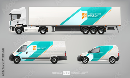 Mockup Set of Truck Trailer, Cargo Van, Delivery Car vector template. Abstract blue and white graphics design for transport Brand identity and Advertising. Set of delivery service Transport