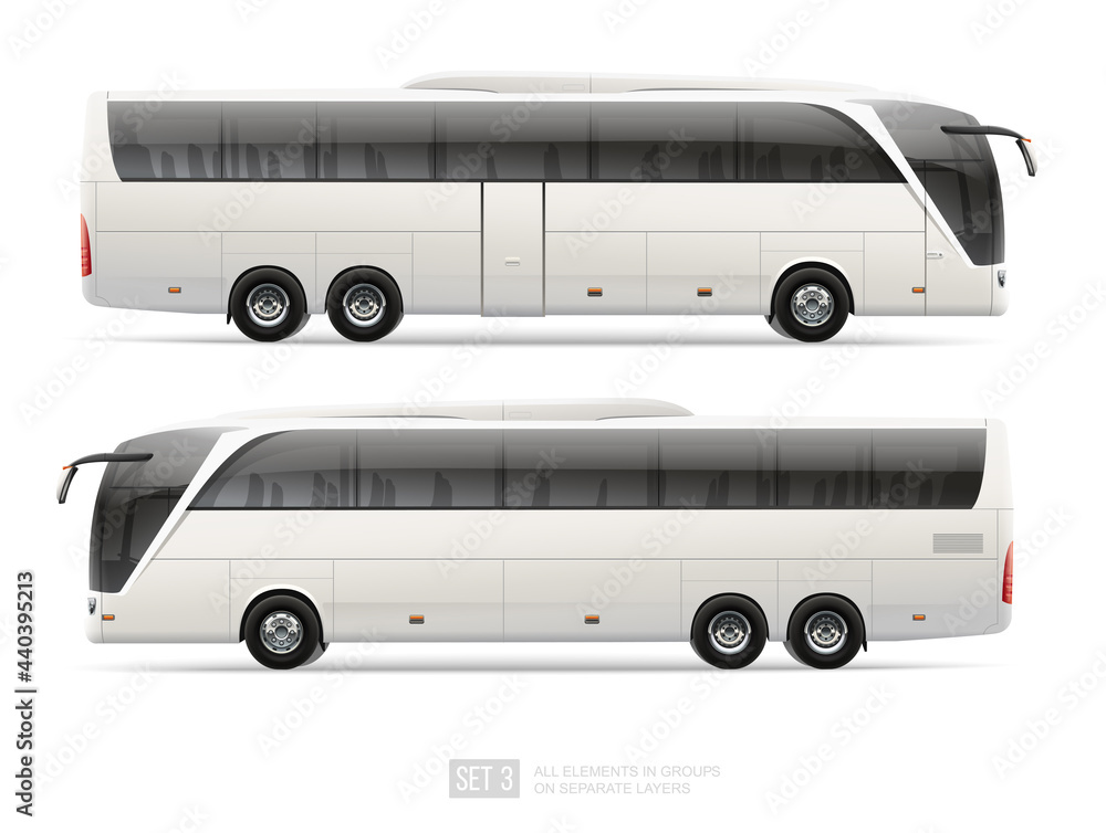 Vector Passenger Coach bus blank surface template isolated on grey background. Travel Bus for brand identity design. Side view realistic Bus template Vector Passenger Coach bus blank surface template isolated on grey background. Travel Bus for brand identity design. Side view realistic Bus template