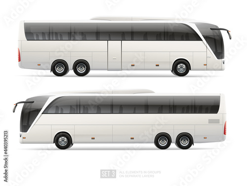 Vector Passenger Coach bus blank surface template isolated on grey background. Travel Bus for brand identity design. Side view realistic Bus template	