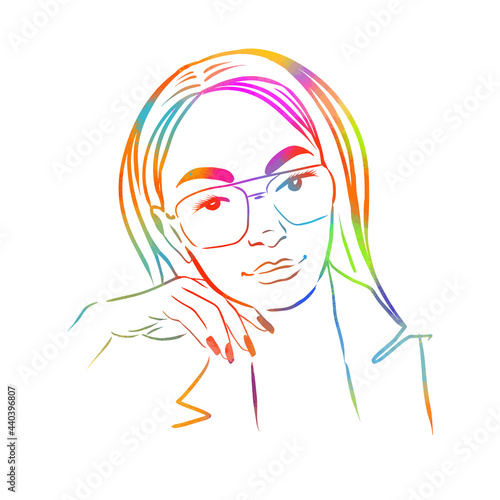 The face of a very beautiful girl. Head of the girl with a line in glasses. Mixed media. multi-colored vector illustration