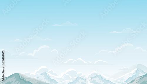 Blue sky background with white fluffy clouds. Vector cartoon horizon banner of Skyscape. Panoramic Natural Skyline for holiday season backdrop