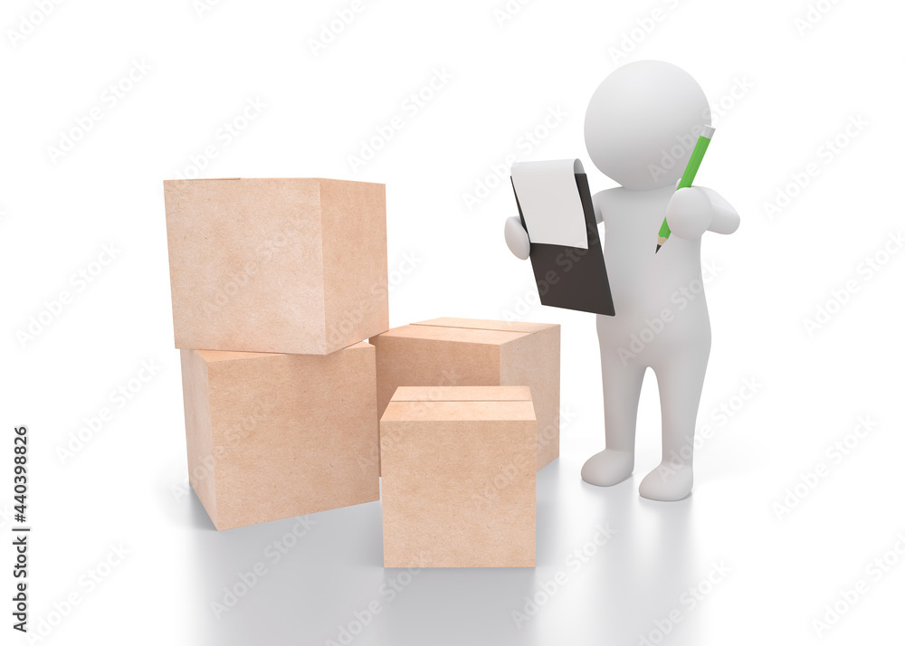 White small person with clipboard and cardboard boxes. 3d illustration. Delivery concept. White background White small person with clipboard and cardboard boxes. 3d illustration. Delivery concept. White background