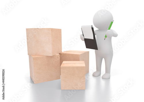 White small person with clipboard and cardboard boxes. 3d illustration. Delivery concept. White background