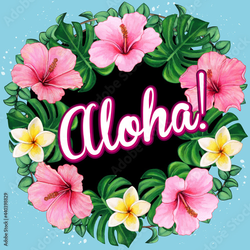 Watercolor hibiscus wreath with aloha message