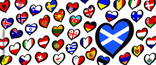 Scotland flag and different countries flags with heart flags logo. For Europe, eurovision music song festival, contest. Music songs for vision dreams. Vector euro TV icon pattern. 