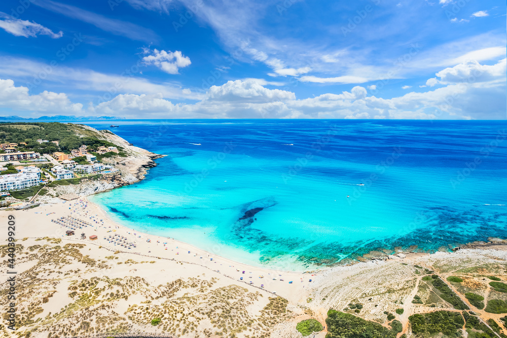 Fototapeta premium Aerial view of Cala Mesquida beach in Mallorca Islands, Spain