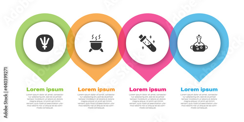 Set Neptune planet, Witch cauldron, Bottle with potion and Poison in bottle. Business infographic template. Vector