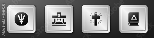 Set Neptune planet, Bottle with potion, Christian cross and Ancient magic book icon. Silver square button. Vector