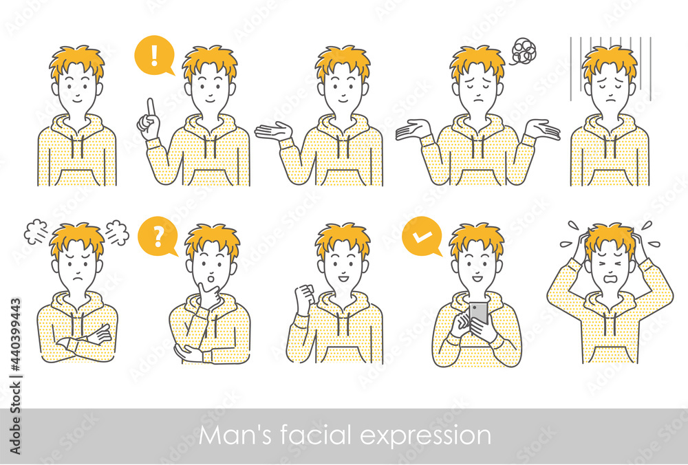 男性の表情と行動の上半身ポーズバリエーションのイラストセット