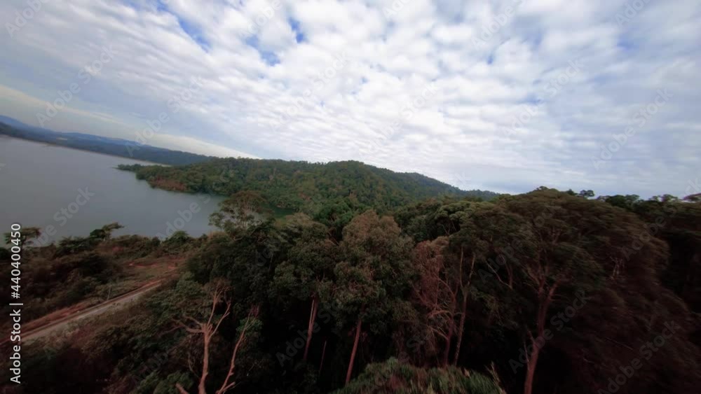 cinematic aerial shot of man made lake with green forest and beautiful water