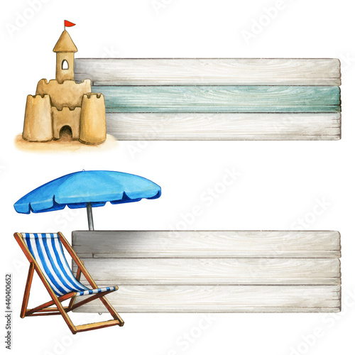 watercolor sea themed icons with sand castle and beach umbrella