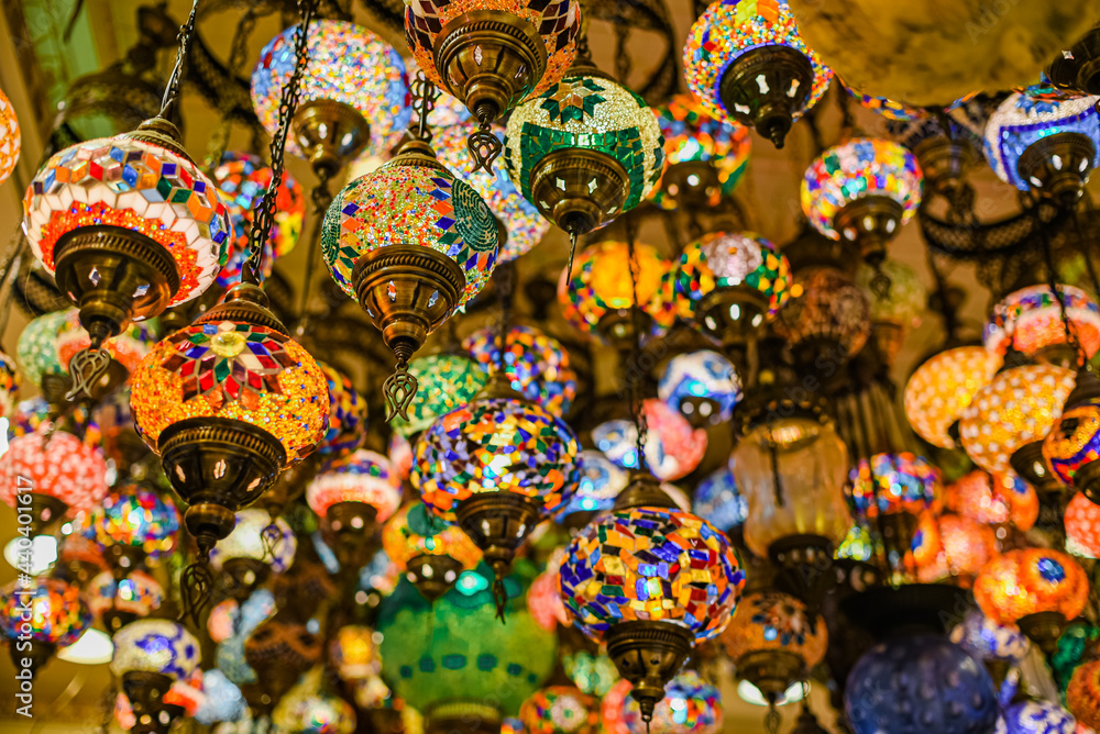 traditional handmade turkish lamps in souvenir shop. Mosaic of colored glass.