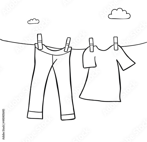 Cartoon vector illustration of hang laundry jeans and t-shirt