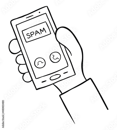 Cartoon vector illustration of man holding smartphone and spam call