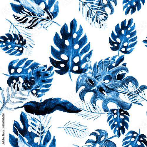 Blue Seamless Wallpaper. Azure Pattern Garden. Indigo Watercolor Set. Navy Tropical Decor. Cobalt Floral Plant. Beryl Summer Leaf. Botanical Design.