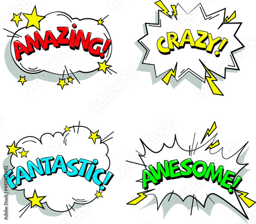 comic style vector illustration stickers amazing, crazy, fantastic, awesome