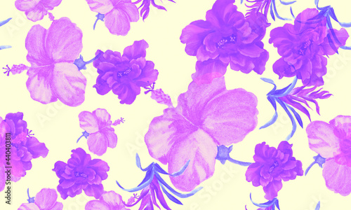 Violet Hibiscus Decor. Pink Flower Print. Purple Seamless Palm. Vanilla Watercolor Backdrop. Pattern Jungle. Tropical Design. Exotic Textile.Art Texture