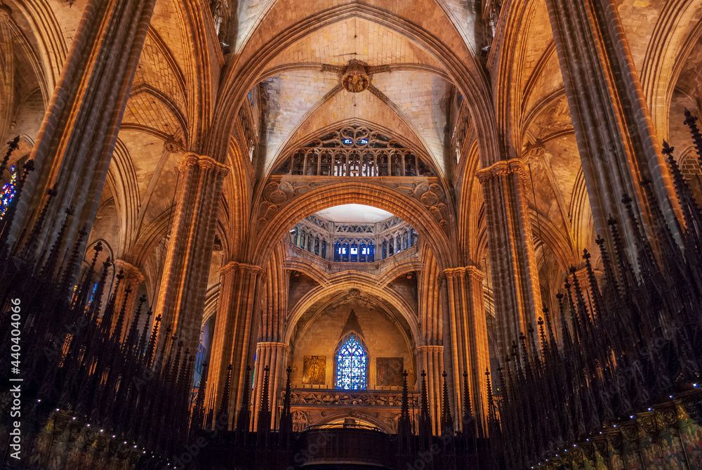Interior of a large gothic cathedral in Spain.