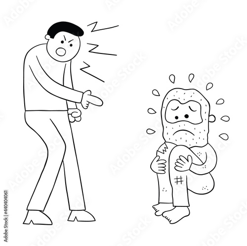 Cartoon bad man insults homeless man vector illustration