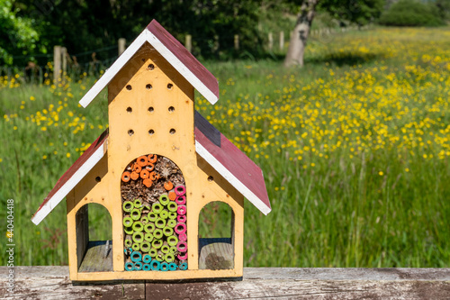 Bug hotel made to provide shelter for insects on a yellow wildflowers field background. Insect house © Gabriel