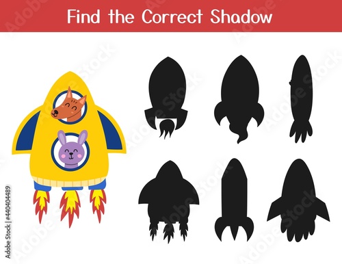 Find the correct shadow matching game with cute dog and rabbit in a rocket. Space activity page for kids. Search the silhouette puzzle. Vector illustration