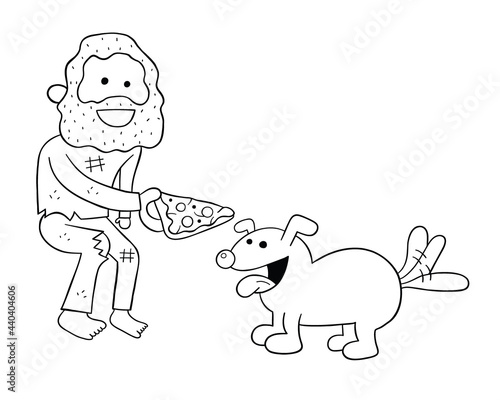 Cartoon homeless man sharing pizza slice with dog, vector illustration