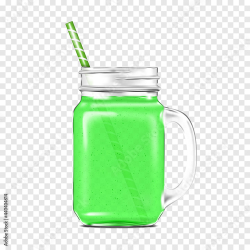 Clear glass mason jar with handle and drinking straw on transparent background. Drinking mug filled with green smoothie. Realistic vector illustration