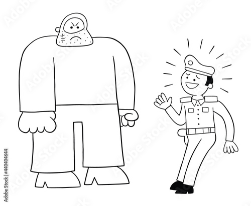 Cartoon police man afraid of the big man, vector illustration