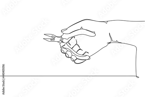 Continuous one line of pliers work tool in hand in silhouette on a white background. Linear stylized.Minimalist.